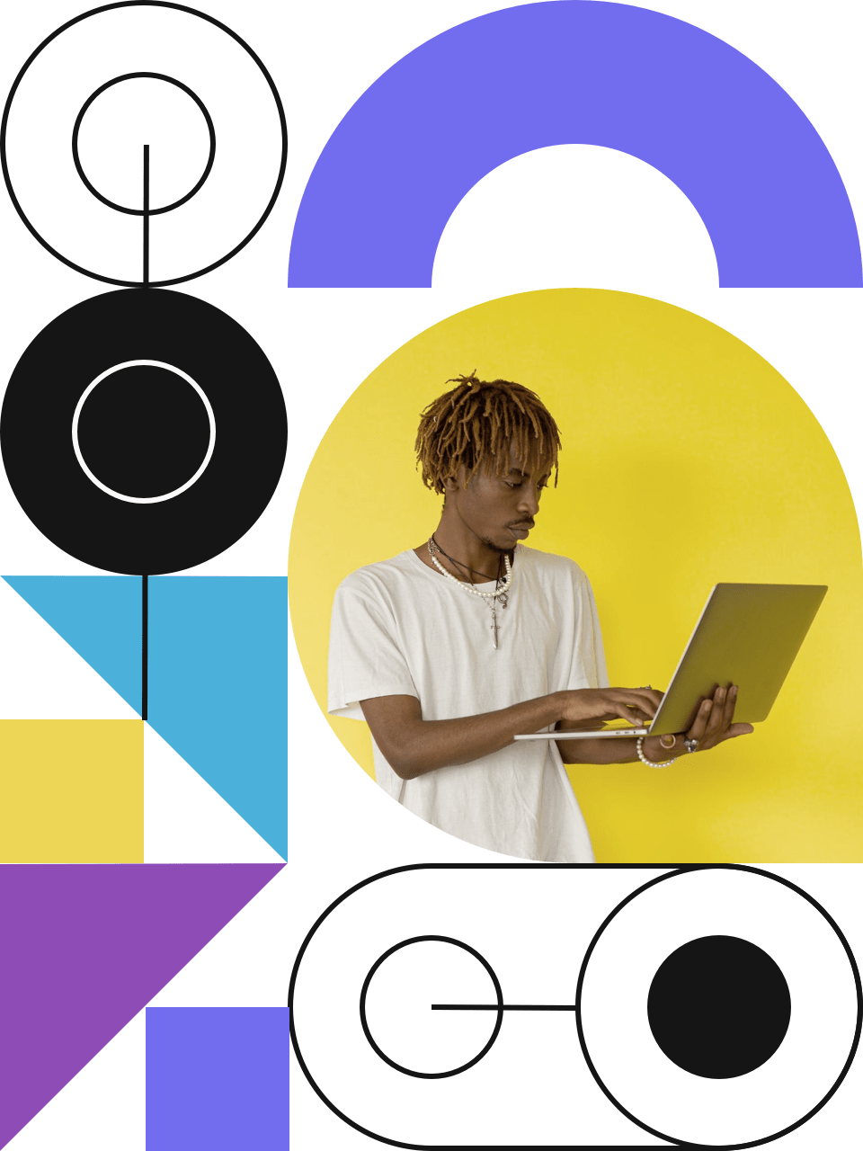 different coloured circles connectors and a guy pressing while holding a laptop