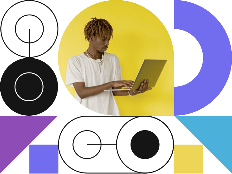 different coloured circles connectors and a guy pressing while holding a laptop